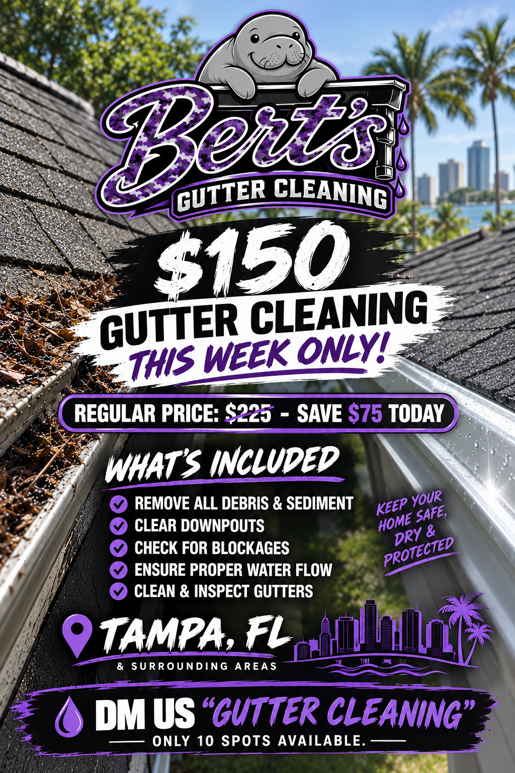 Bert's Gutter Cleaning Tampa offer with included gutter and downspout cleaning services